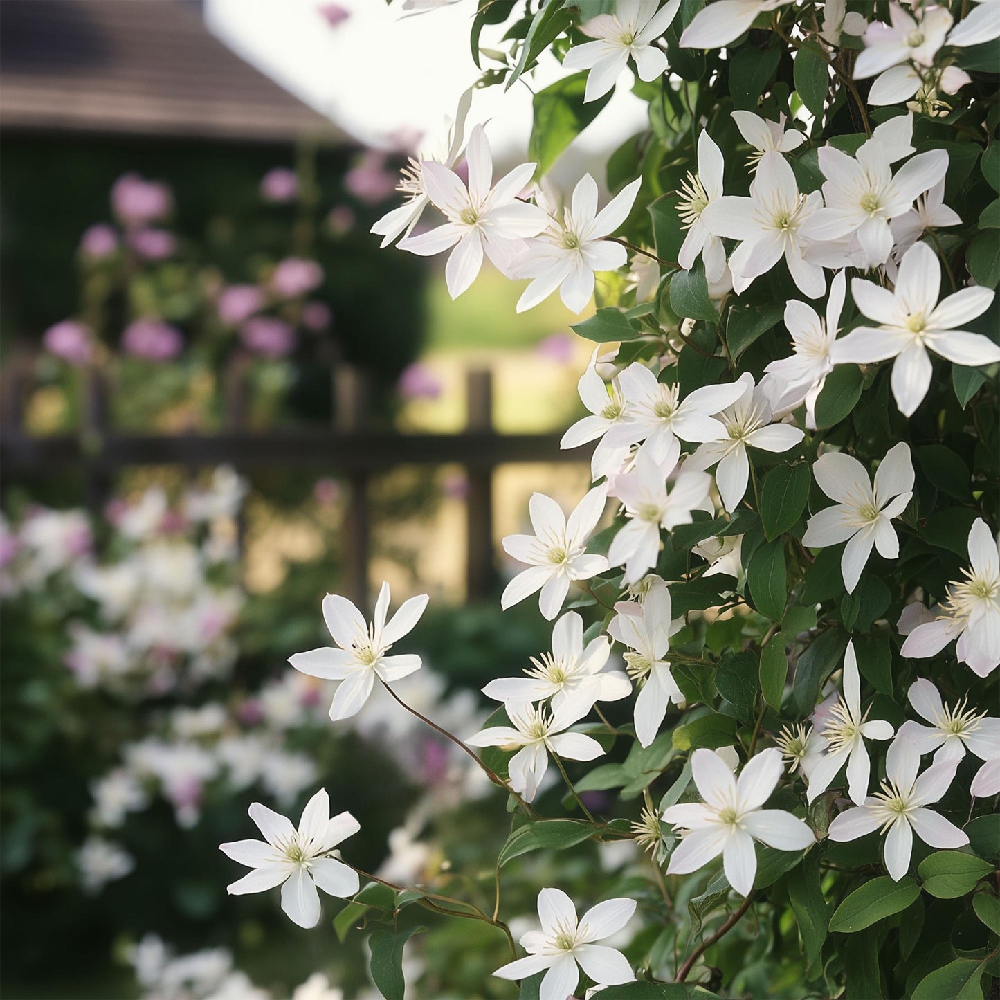 Pflanzfix24 - Clematis armandii Apple Blossom - Immergrüne Kletterpflanze - Rosa Blüte - 1 Pflanze im 11cm Topf