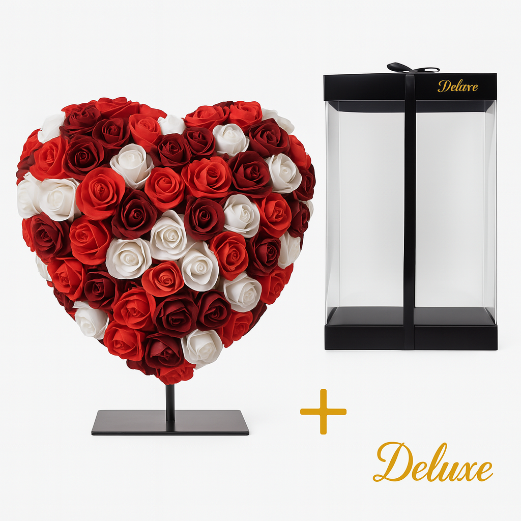 Herz DELUXE auf Ständer 15 cm - Gemischter roter, bordeauxfarbener und weißer Schaum - in luxuriöser Geschenkverpackung 15 cm bei Pflanzfix24