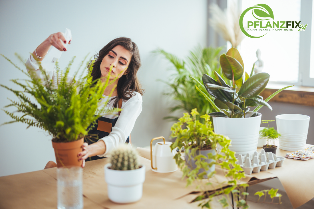 Pflegemittel und Pflanzenschutzprodukte neben gesunden Zimmerpflanzen im Regal