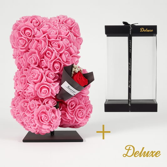 Beer DELUXE auf Ständer 25 cm – Rosa Schaumstoff mit Blumenstrauß – in luxuriöser Geschenkverpackung 25 cm - Pflanzfix24