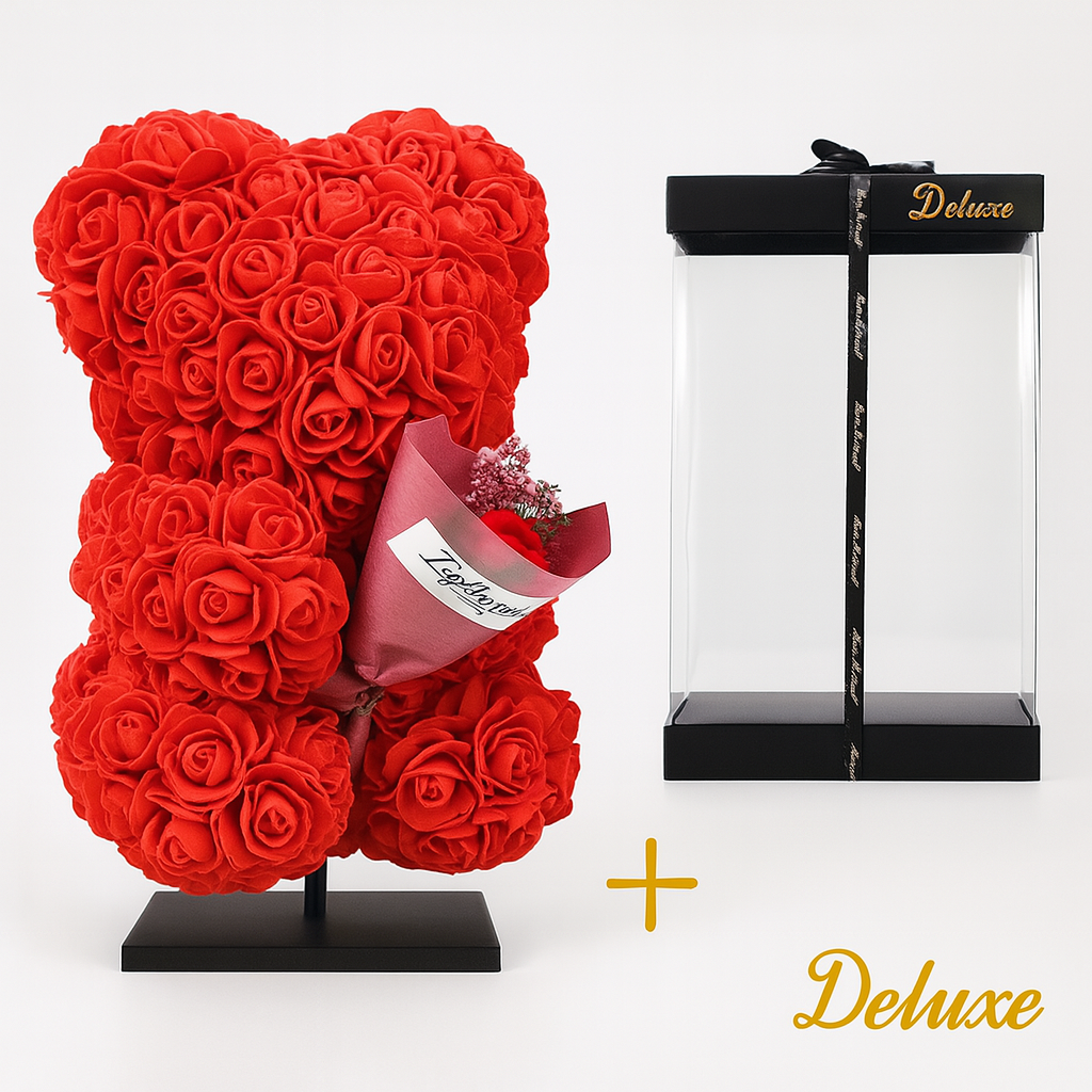 Beer DELUXE auf Ständer 25 cm - Rot Schaumstoff mit Blumenstrauß - von pflanzfix24