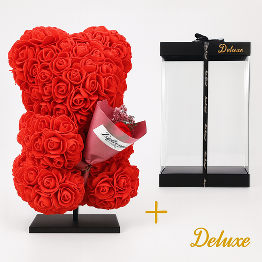 Beer DELUXE auf Ständer 25 cm - Rot Schaumstoff mit Blumenstrauß - von pflanzfix24