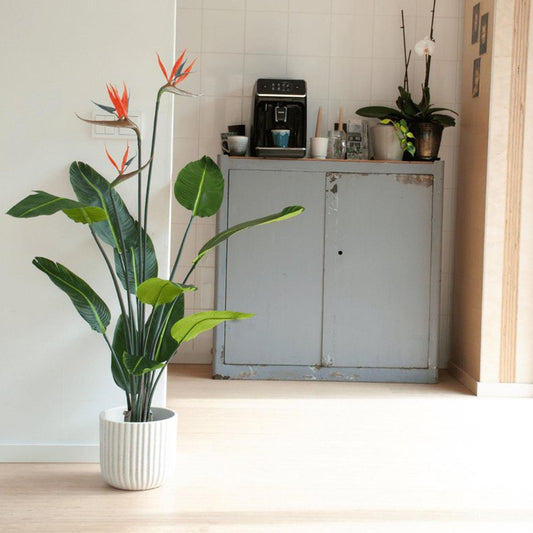 Strelitzia met bloemen - 120cm - In zwarte pot - Kunstplant - Pflanzfix24