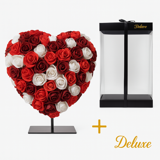 Herz DELUXE auf Ständer 15 cm - Gemischter roter, bordeauxfarbener und weißer Schaum - in luxuriöser Geschenkverpackung 15 cm bei Pflanzfix24